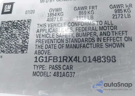 2020 Chevrolet Camaro Rwd 1Ls из США, поврежденный, VIN 1G1FB1RX4L0148398